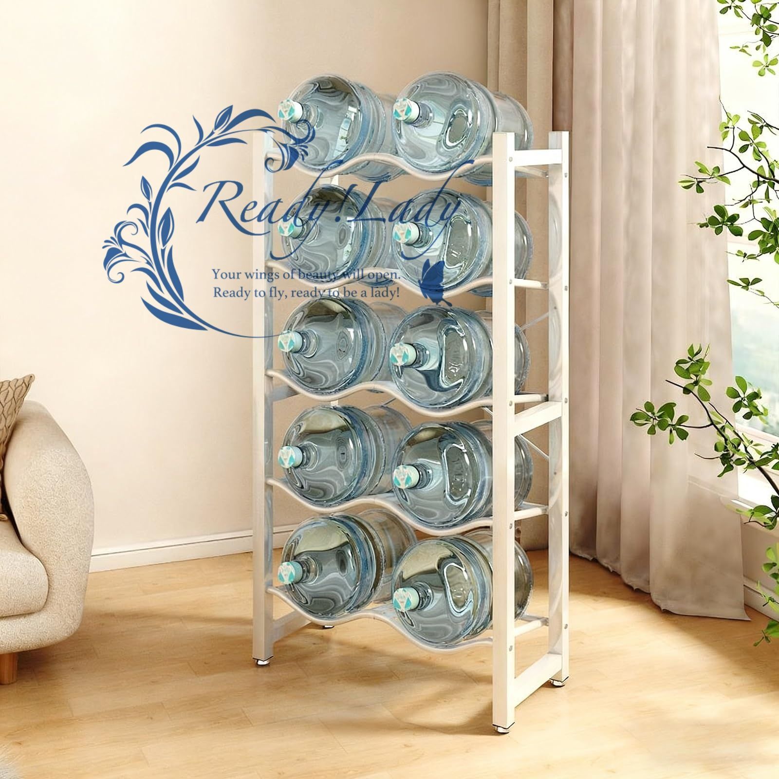 ウォータークーラージャグラック ホルダー ウォーターボトル収納ラック 6 8 10本収納タイプ ウォーターサーバー スタンド 3 4 5層 バケツ収納棚 縦置き型 取り外し 多層棚 ウォーターサーバー用 ボトルラック ホワイト 61x33x138cm