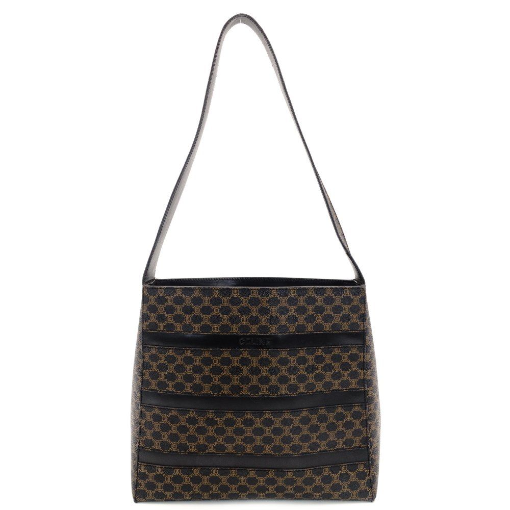 セリーヌ CELINE マカダム ワン ショルダーバッグ PVC レザー ブラック×ブラウン ヴィンテージ 7-10-395