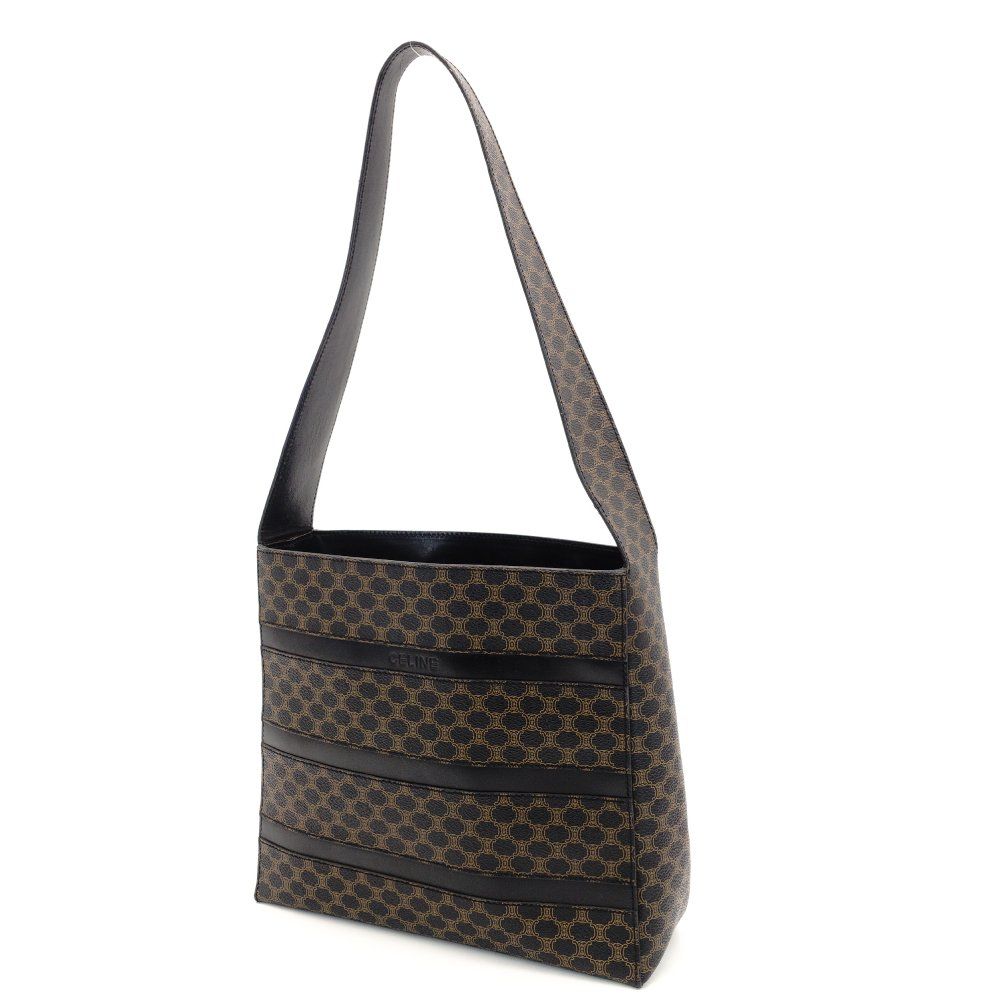 年末感謝 セリーヌ CELINE マカダム ワン ショルダーバッグ PVC レザー ブラック×ブラウン ヴィンテージ 7-10-395 頑張った