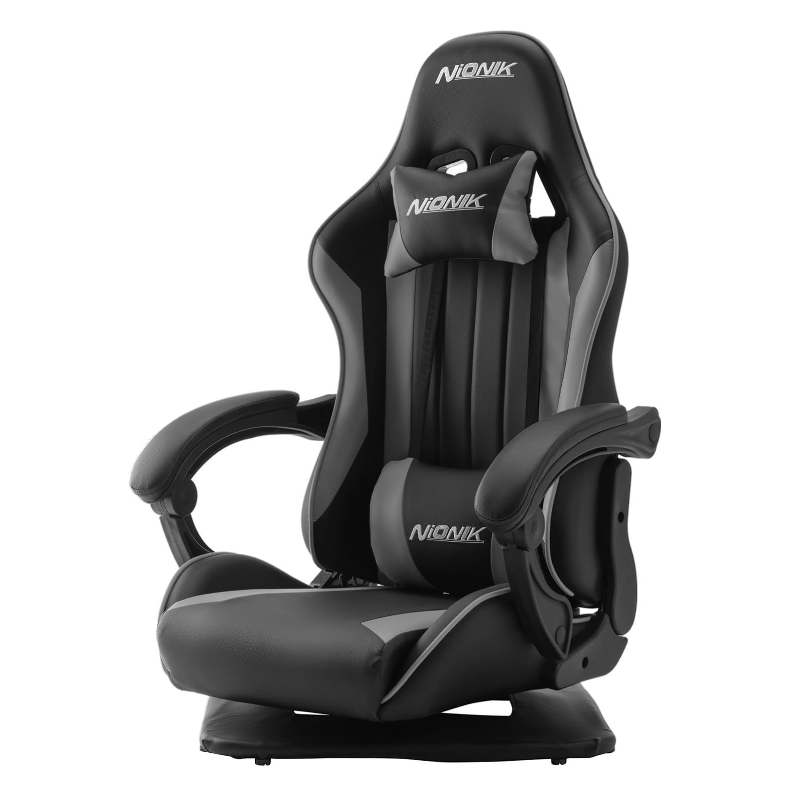 NIONIK ゲーミングチェア 座椅子 ゲーミング座椅子 180°リクライニング 高反発座面 ハイバック 連動アームレスト ランバーサポート 360°回転座面 PUレザー 座椅型ゲーミングチェア ブラック＆グレー