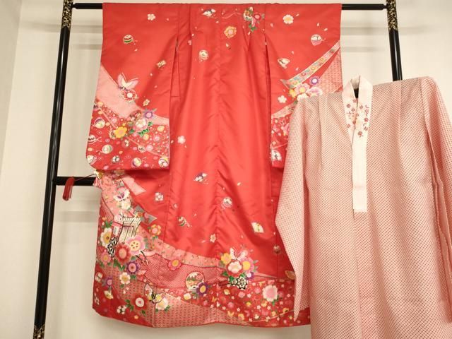 平和屋着物[]七五三 女の子 7歳 祝着 四つ身 長襦袢セット 御所車花文