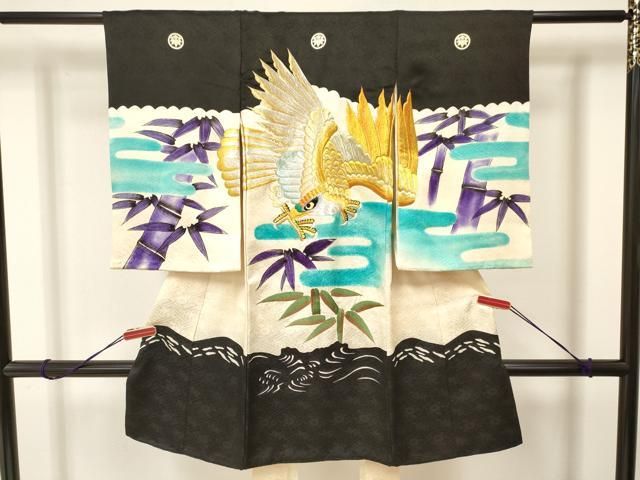 平和屋着物[]お宮参り　男の子　祝着　産着　初着　のしめ　刺繍　鷹　鷲　霞笹文　暈し染め　銀彩　逸品　DAAS9092ma