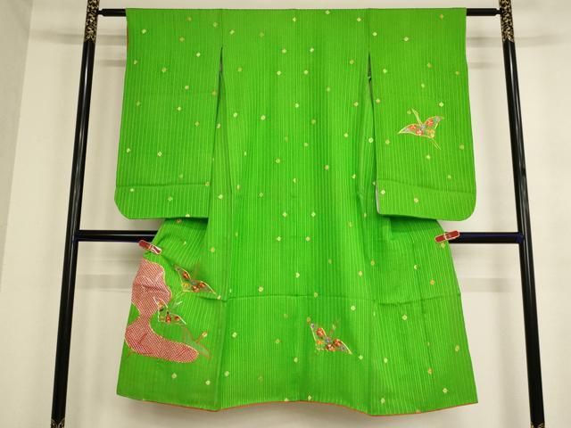  平和屋着物[]七五三　女の子　７歳　祝着　四つ身　駒刺繍　絞り　飛鶴文　金通し地　正絹　逸品　AABB5636ja 着物・着物ドレス