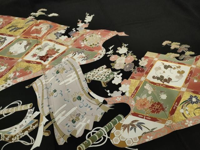 平和屋着物□豪華黒留袖 駒刺繍 飛鶴花菱文 金彩 正絹 逸品 AABC1969nf