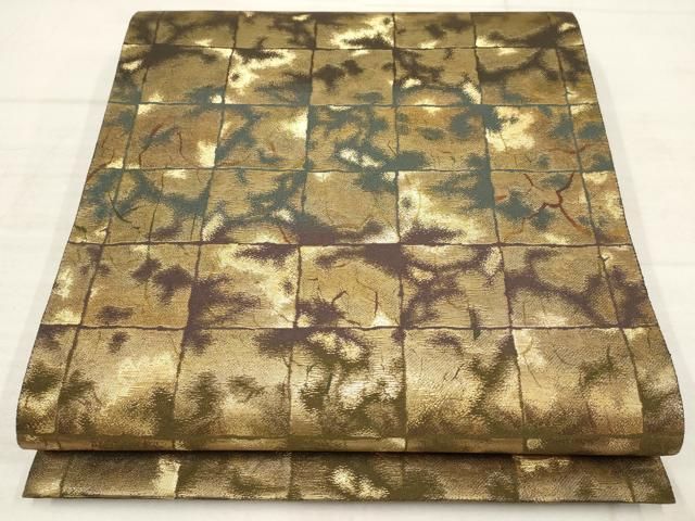 平和屋着物▽六通柄袋帯 市松霞文 壁織 釉裏金彩 金糸 正絹 逸品