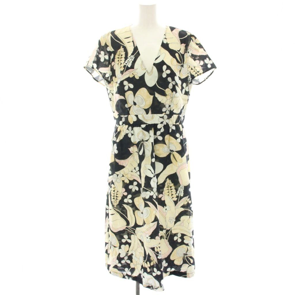 マックス-コー MAX-CO. PEPE 花柄ワンピース ミモレ ロング 半袖 総柄 プリント Vネック 42 黒 ブラック ベージュ 82212418 |HN