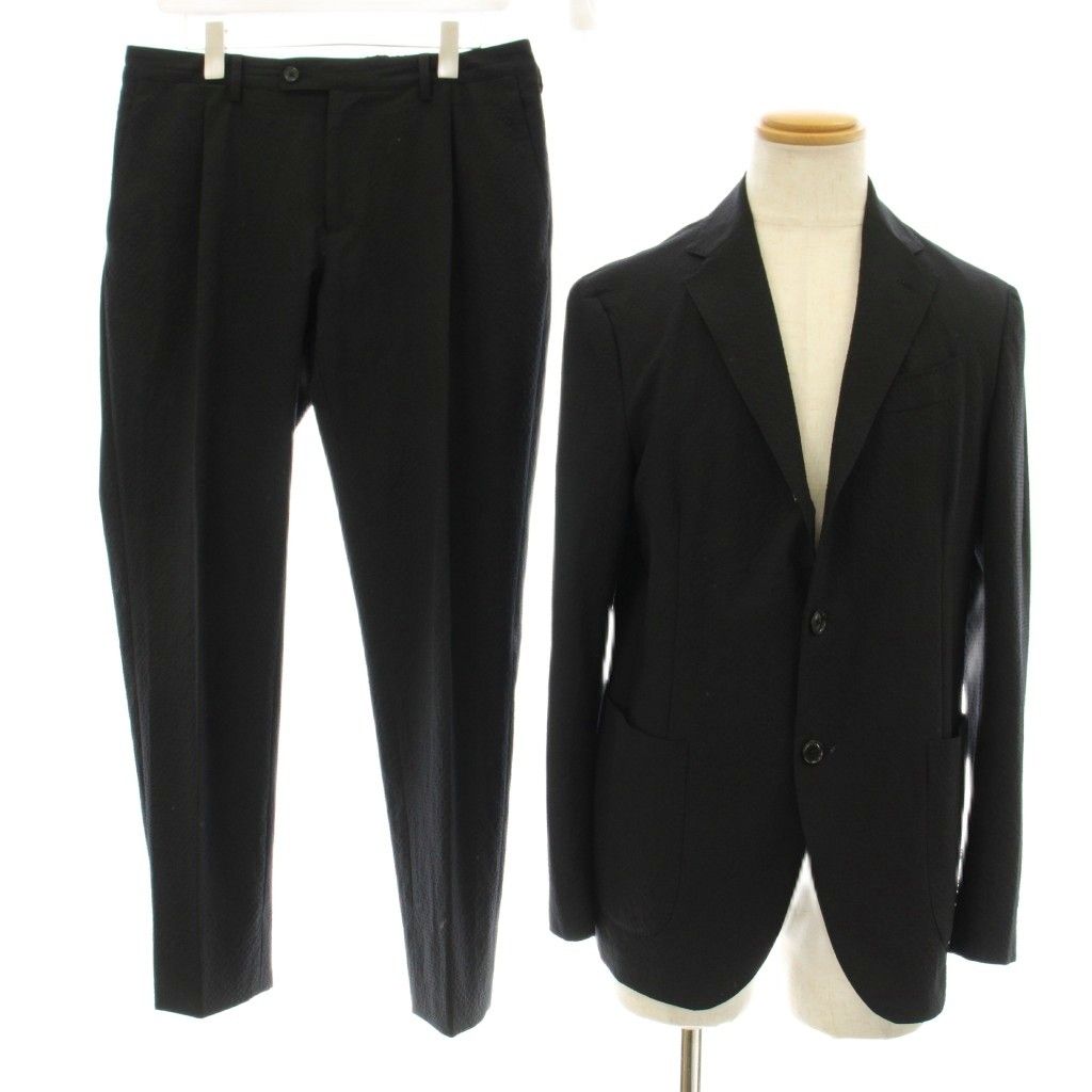 ラルディーニ LARDINI シングルスーツ セットアップ 上下 シアサッカー テーラードジャケット パンツ ジップフライ ウール 48 黒 ブラック JT138PQ KU