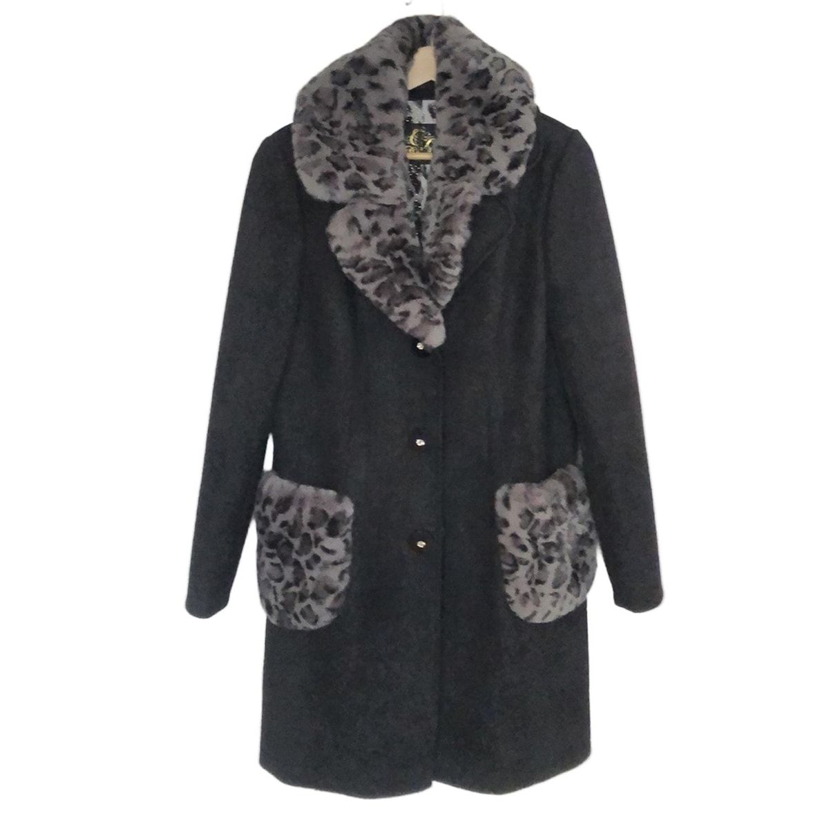 伊太利屋 GKITALIYA イタリヤ コート サイズ11 M レディース - 黒×ダークグレー 長袖 ラビット ラパン 豹柄 ラインストーン 秋 冬