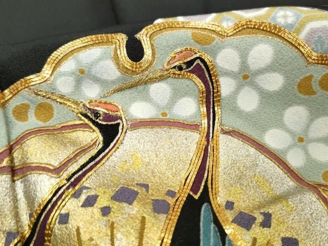平和屋2□豪華黒留袖 作家物 駒刺繍 飛鶴草花松文 金彩 逸品 