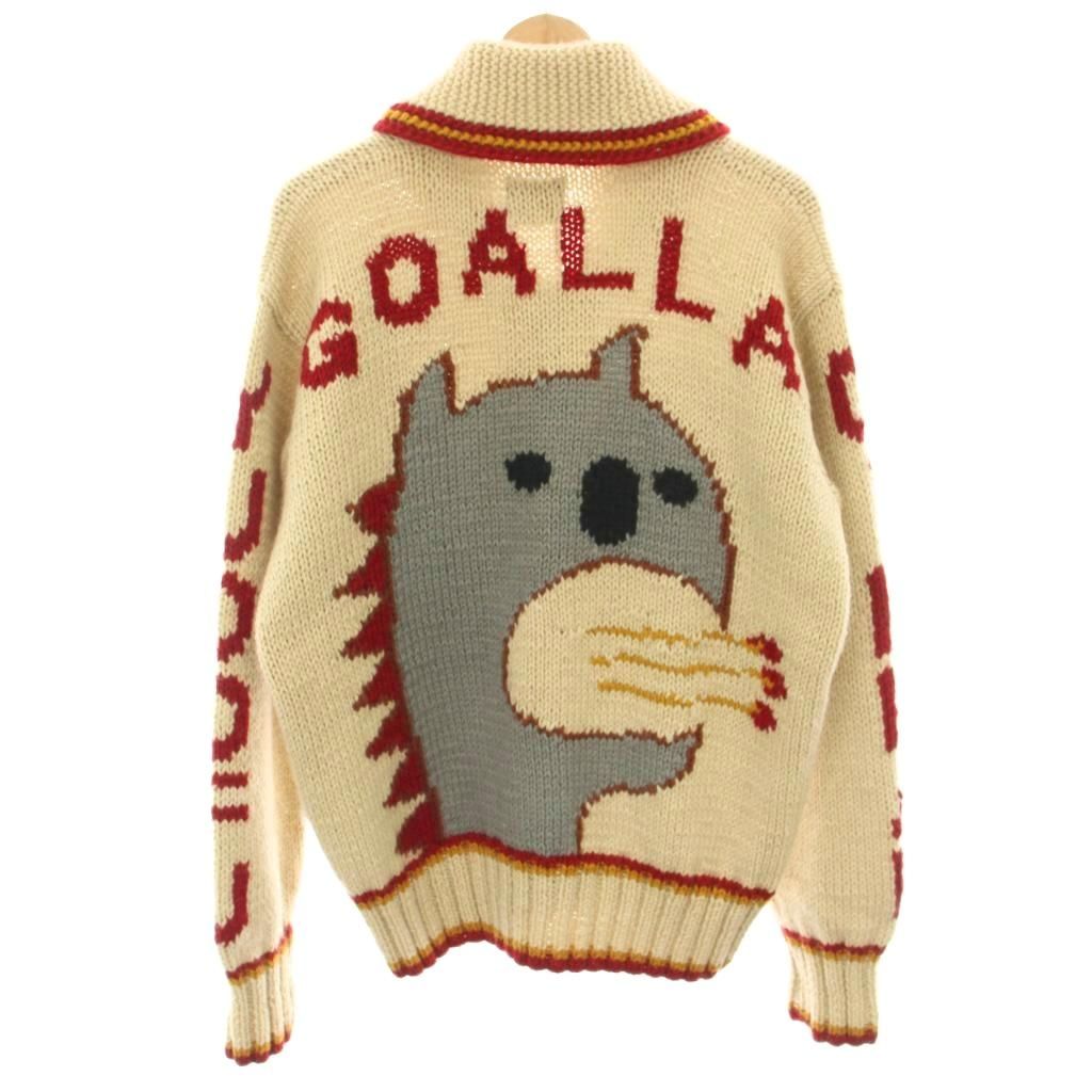 エヴィス EVISU ゴアラ GOALLA カウチンセーター ニットカーディガン ジップアップ 総柄 40 ベージュ 赤 レッド YT