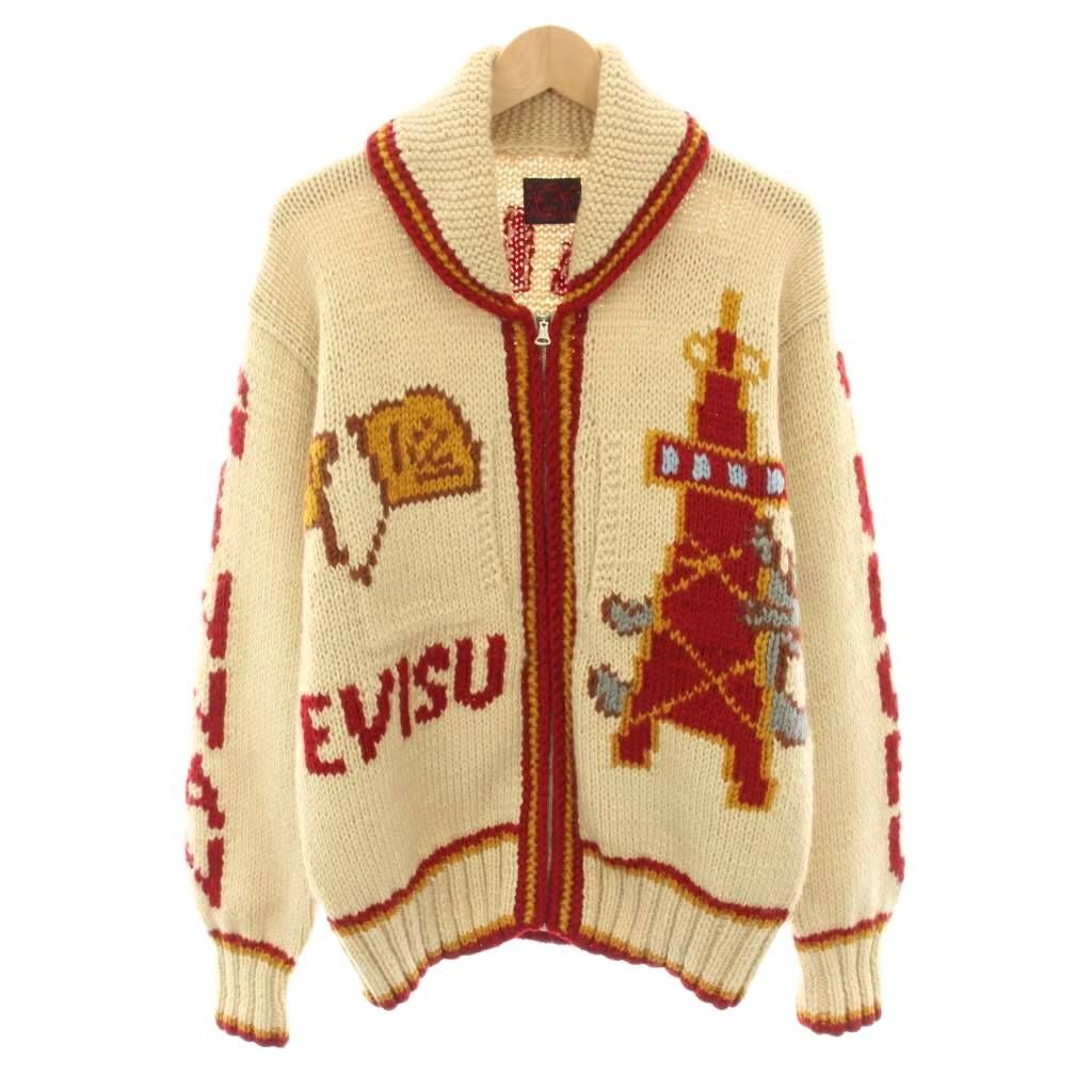 エヴィス EVISU ゴアラ GOALLA カウチンセーター ニットカーディガン ジップアップ 総柄 40 ベージュ 赤 レッド YT