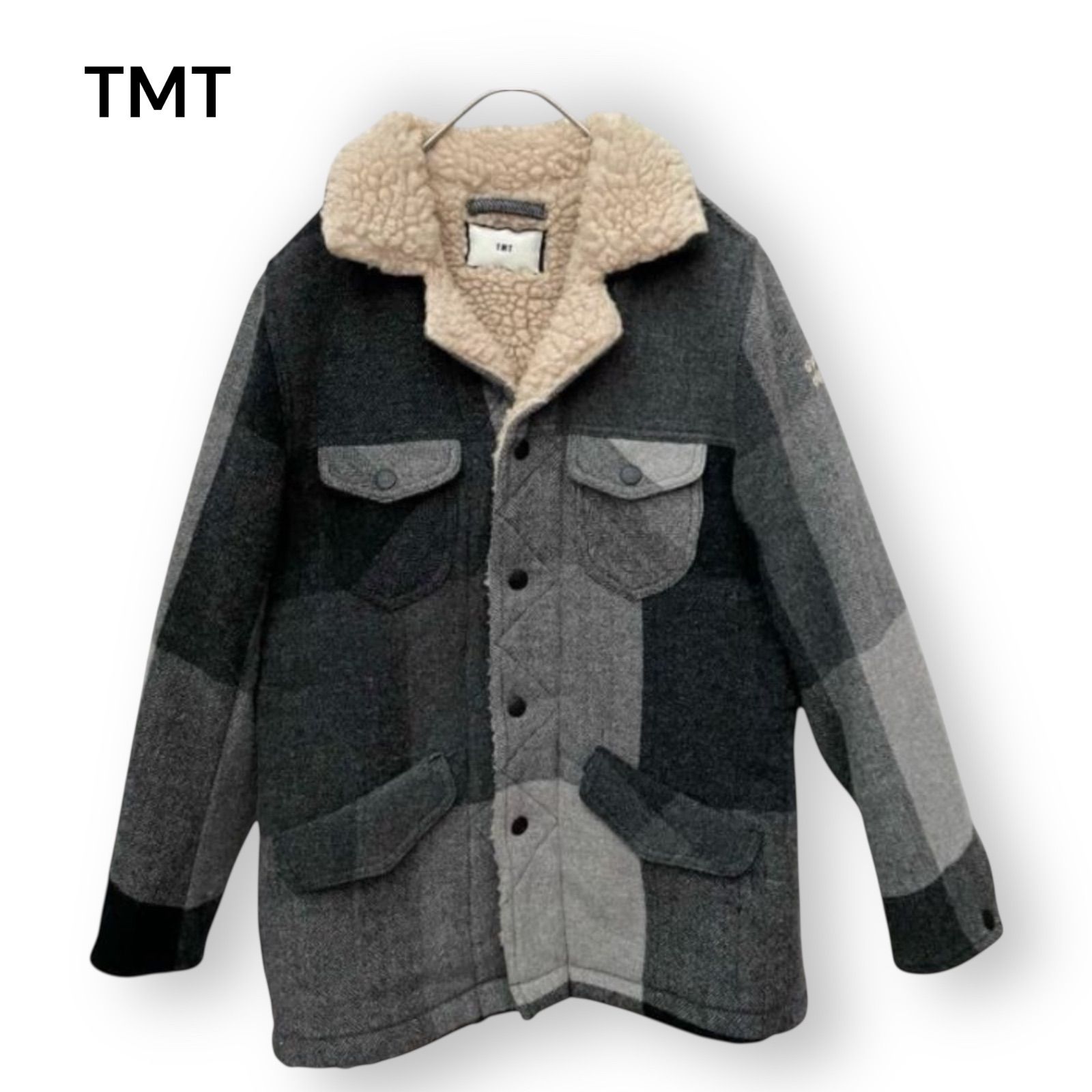 定価6万　TMT　裏ボアウールジャケット　チェック　ヘリンボーン　グレー　S 定価6万　TMT ティーエムティー　ブロックチェック　ウール　ボア　ランチジャケット　L　グレー