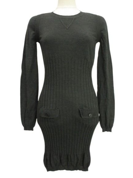 シャネル CHANEL ニット ワンピース 36 グレー リブ 切替 ココマークボタン ウール シルク 長袖 AA