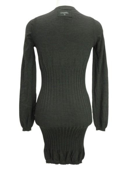 シャネル CHANEL ニット ワンピース 36 グレー リブ 切替 ココマークボタン ウール シルク 長袖 AA
