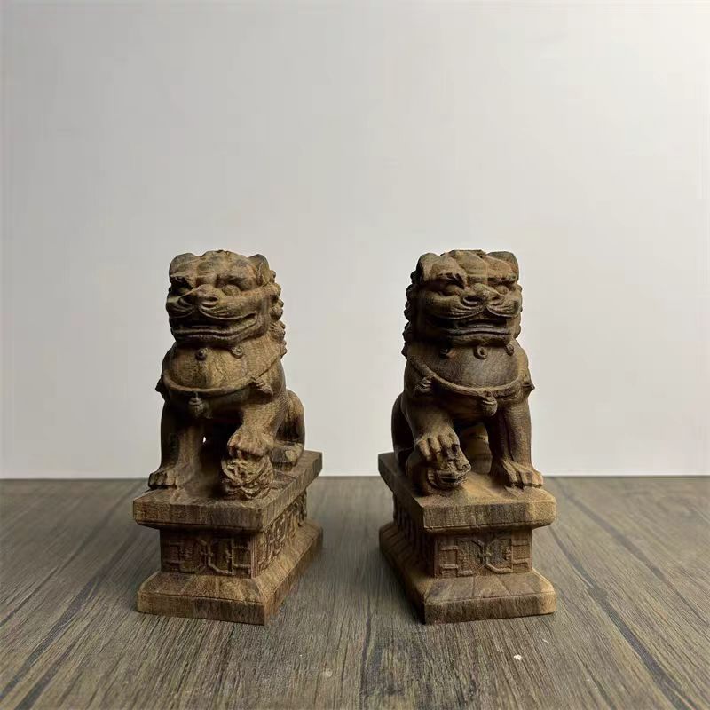 神棚 獅子狛犬 神具用 木製 こま犬 風水の置物 邪気払い お守り 風水グッズ シーサー14cm 2体セット 木彫り 置物