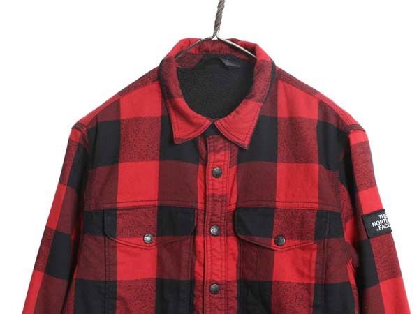 なクーポン配布中! ノースフェイス ブロック チェック フランネル シャツ ジャケット メンズ M 古着 裏 ボア パイル フリース ライナー付き ブルゾン ツートン