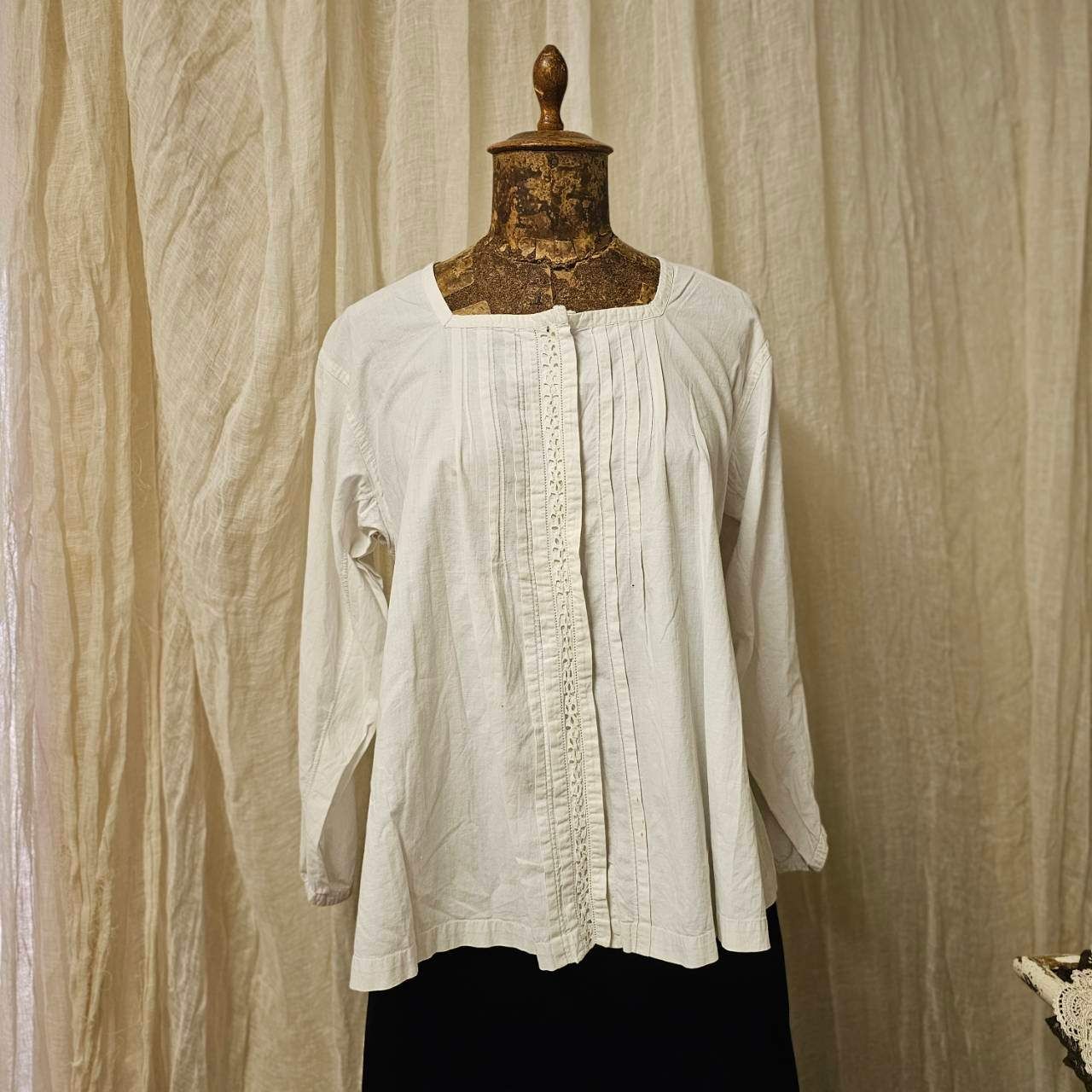 Euro ヨーロッパヴィンテージ 20 s~ center_open wide collar cotton blouse with scalloped lace スカラップレースのオープンカラーブラウス 表記無し M～L程度 ホワイト