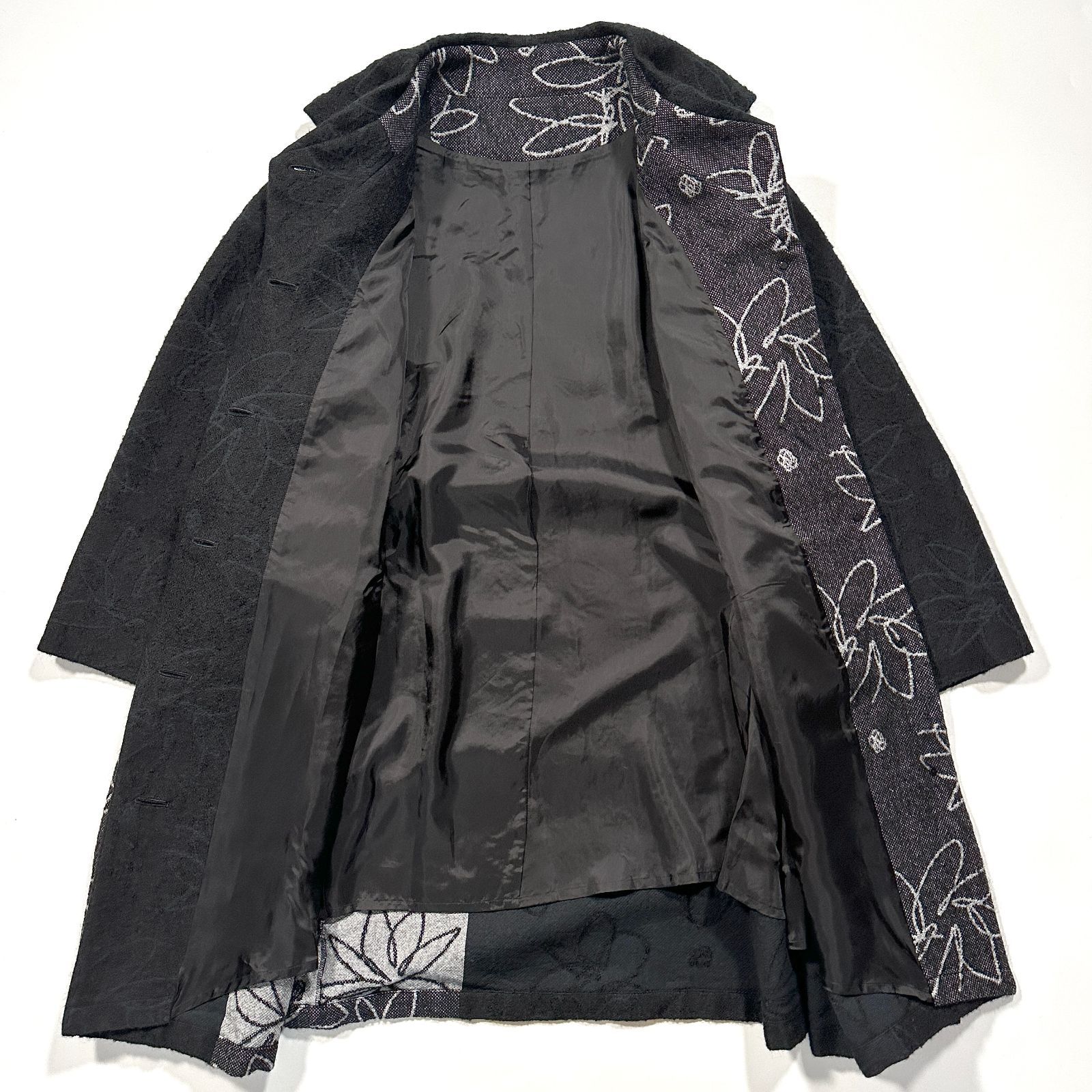 美品 慈雨 ジウ ショールカラー ウール コート 花柄 ブラック 黒 40 