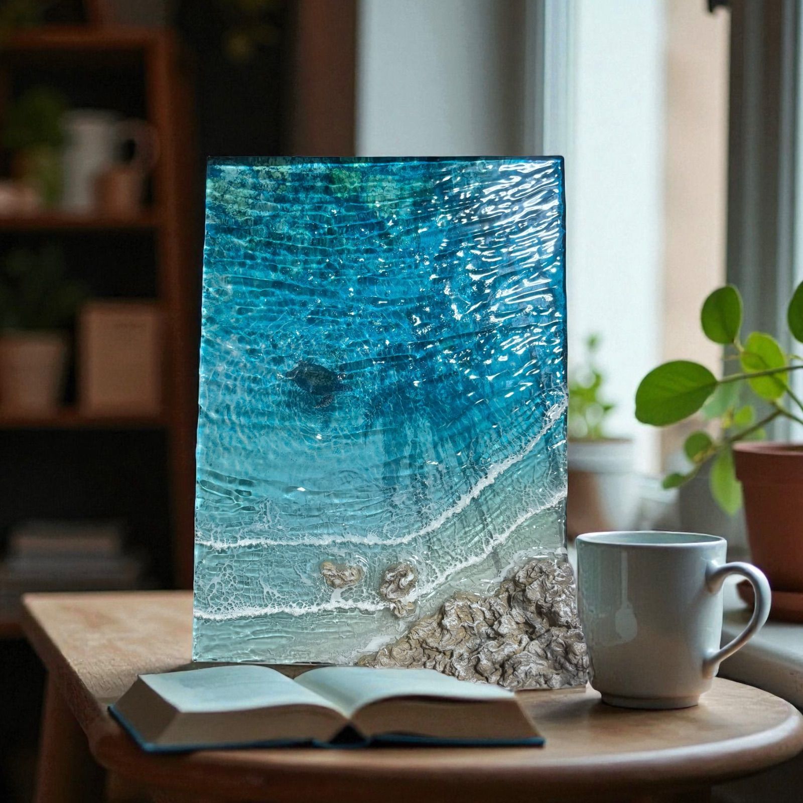 傾斜厚盛りボード ヤシの影 超立体 沖縄の海 レジンアートボード 美ら海 オーシャンアート N710