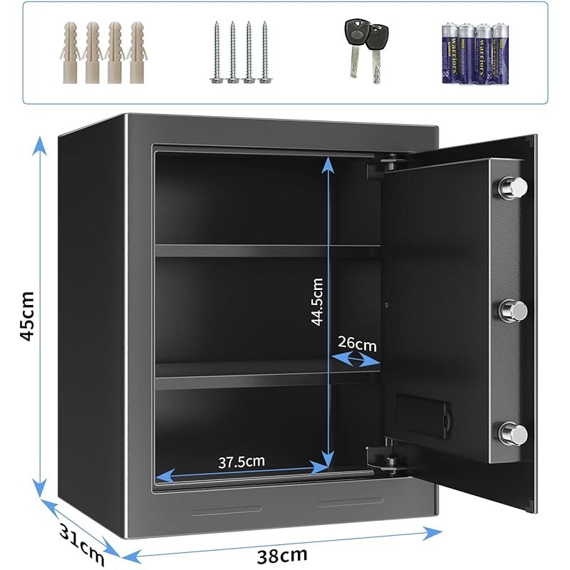 NATRKE 金庫 家庭用金庫 暗証番号 テンキー式 電子 防犯 緊急キー付き 家庭用 店舗用 保管庫 防犯箱 業務用 警報アラーム付き A4ファイル対応 床 壁に固定 緊急キー付き 日本語取扱説明書付き 43L 0