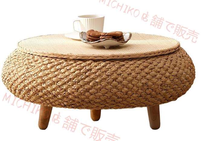 ちゃぶ台 円卓 ローテーブル 籐編み ラタン 卓袱台 座卓 円形ローテーブル 幅60×奥行60×高さ25cm 丸 小さい 2人用 畳コーヒーテーブル 収納 おしゃれ 畳 和室 禅インテリア 瞑想 茶道 収納タイプ 座布団2枚セット 直径60cm