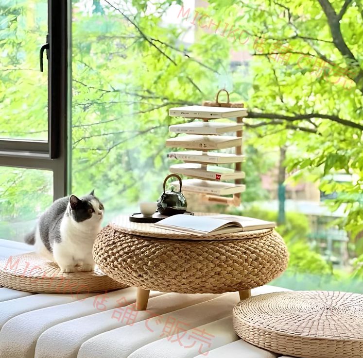 ちゃぶ台 円卓 ローテーブル 籐編み ラタン 卓袱台 座卓 円形ローテーブル 幅60×奥行60×高さ25cm 丸 小さい 2人用 畳コーヒーテーブル 収納 おしゃれ 畳 和室 禅インテリア 瞑想 茶道 収納タイプ 座布団2枚セット 直径60cm