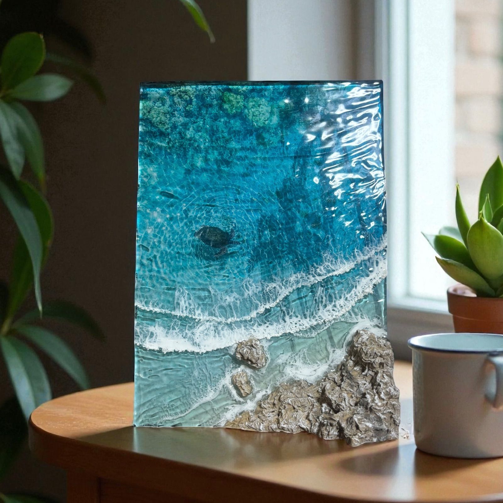 <傾斜厚盛りボード ヤシの影> 超立体 沖縄の海 レジンアートボード 美ら海 オーシャンアート N711