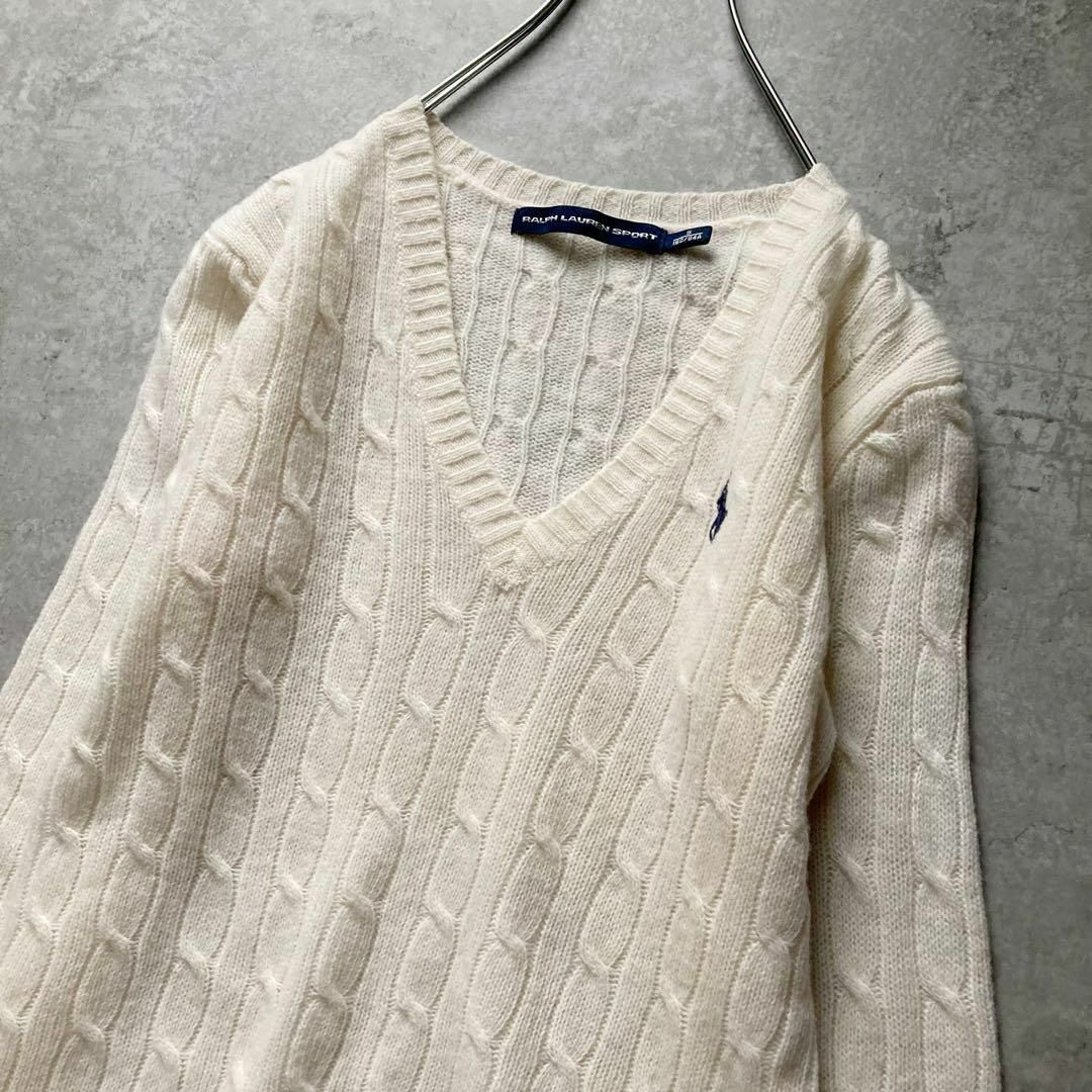 ラルフローレン Vネックケーブルニット セーター プルオーバー ウール ロゴ刺繍 ポニー Sサイズ アイボリー RALPH LAUREN