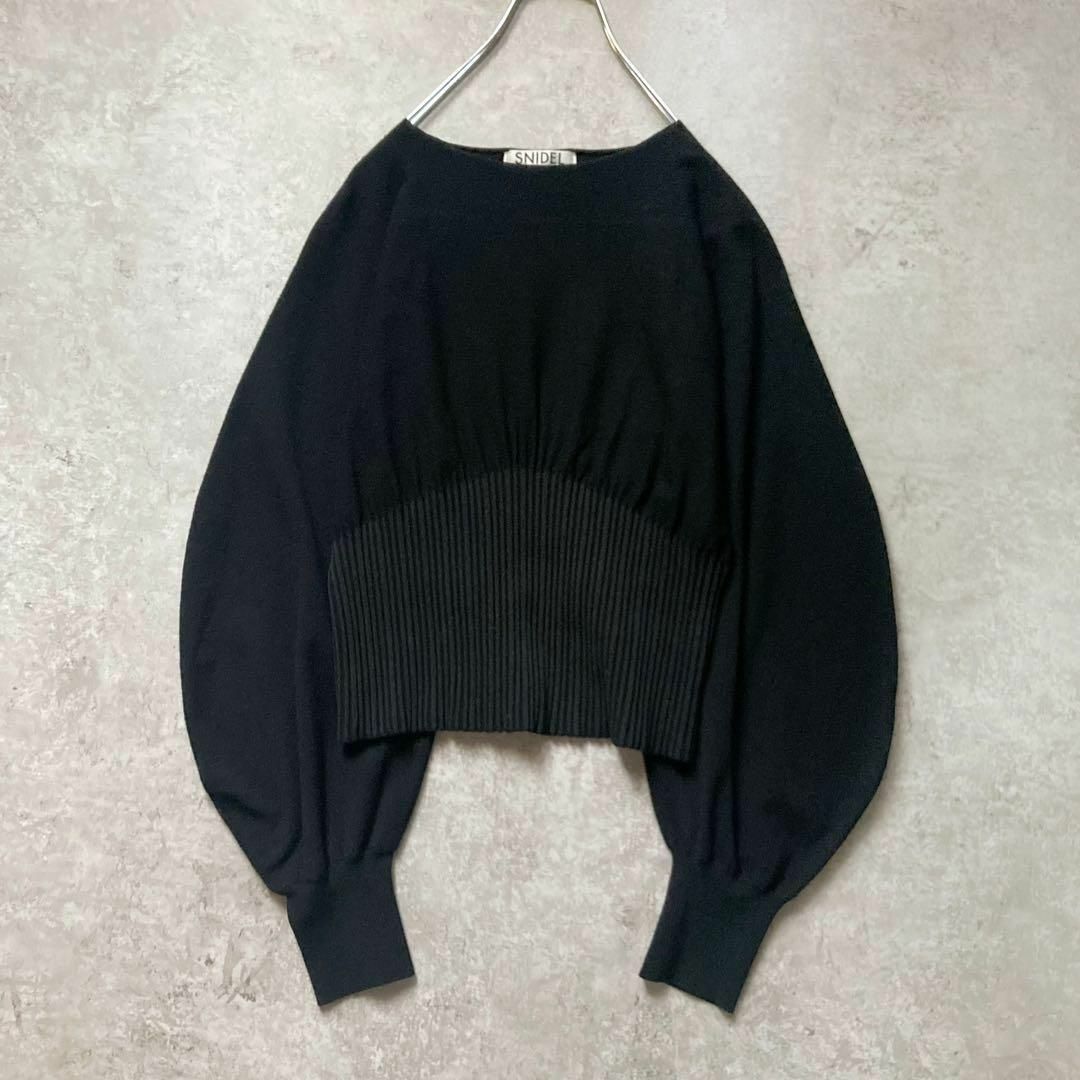 スナイデル ウエストマークパターンニットプルオーバー ボリュームスリーブ 美シルエット 黒 ブラック フリーサイズ SNIDEL
