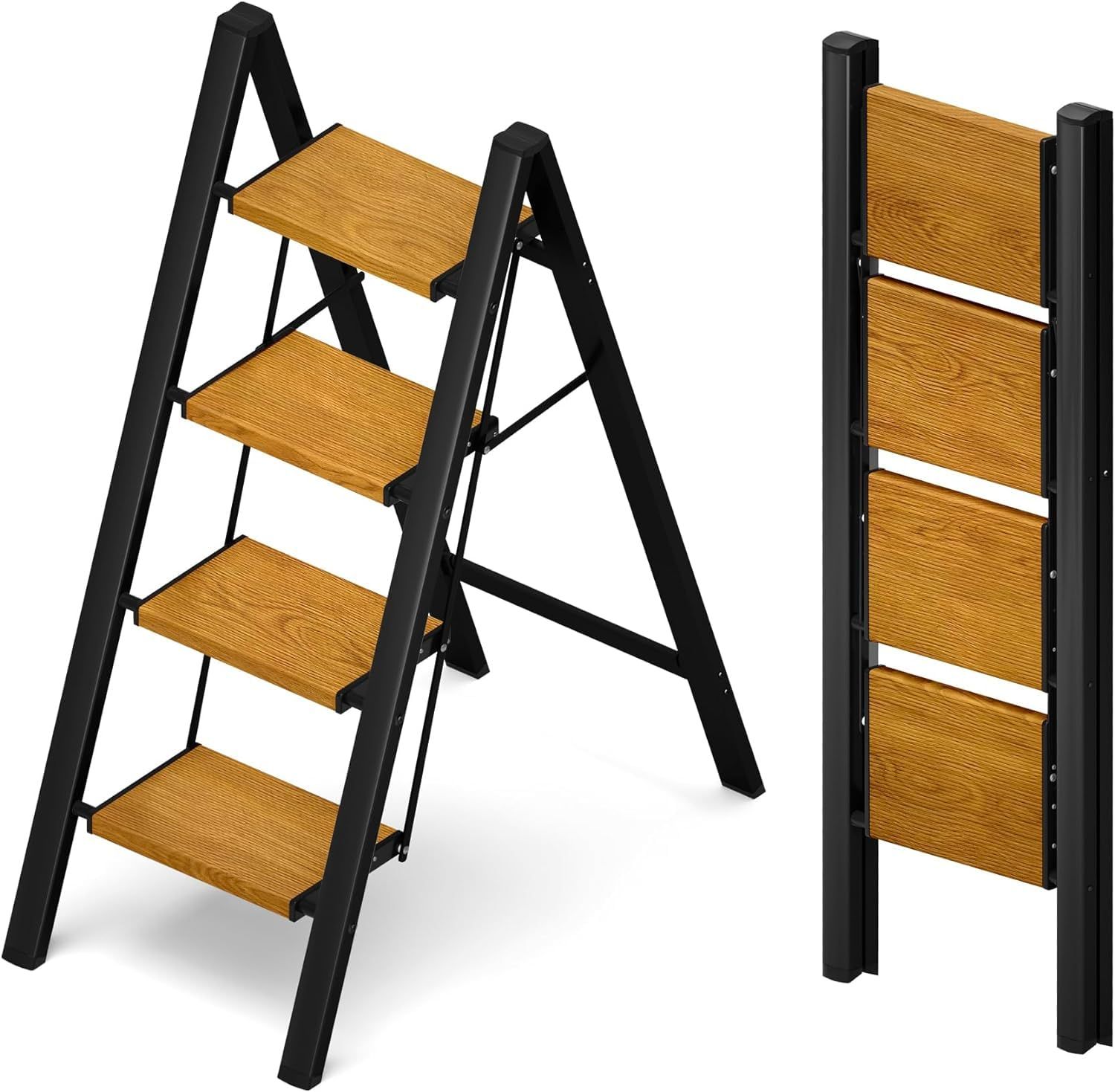 MERDIVEN 幅広ステップ 脚立 4段 超軽量アルミ製 折りたたみ式 耐荷重150kg 滑り止め付き 省スペース収納 室内外対応 踏み台 のあるブラック＆ウッドデザイン