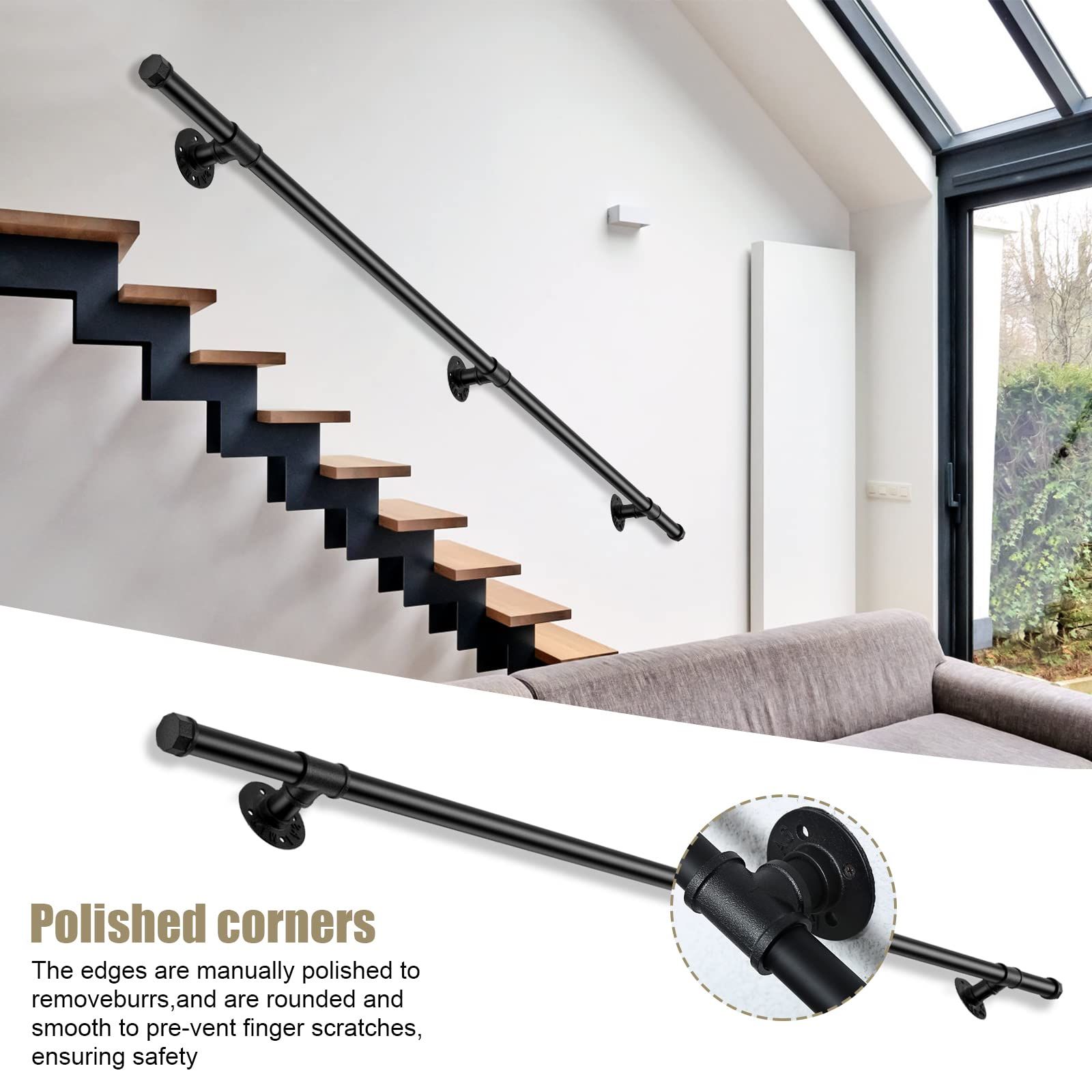 長持ちする HARUMAKI 屋内 屋外用の手すり階段 階段用 100CM 200CM 300CM 黒い工業用パイプ手すり 滑り止め防錆 壁取り付け ブラケット付き 屋内外対応 高齢者 障害者向け 安全サポート 手すりキット ブラック 2M 除菌清掃済