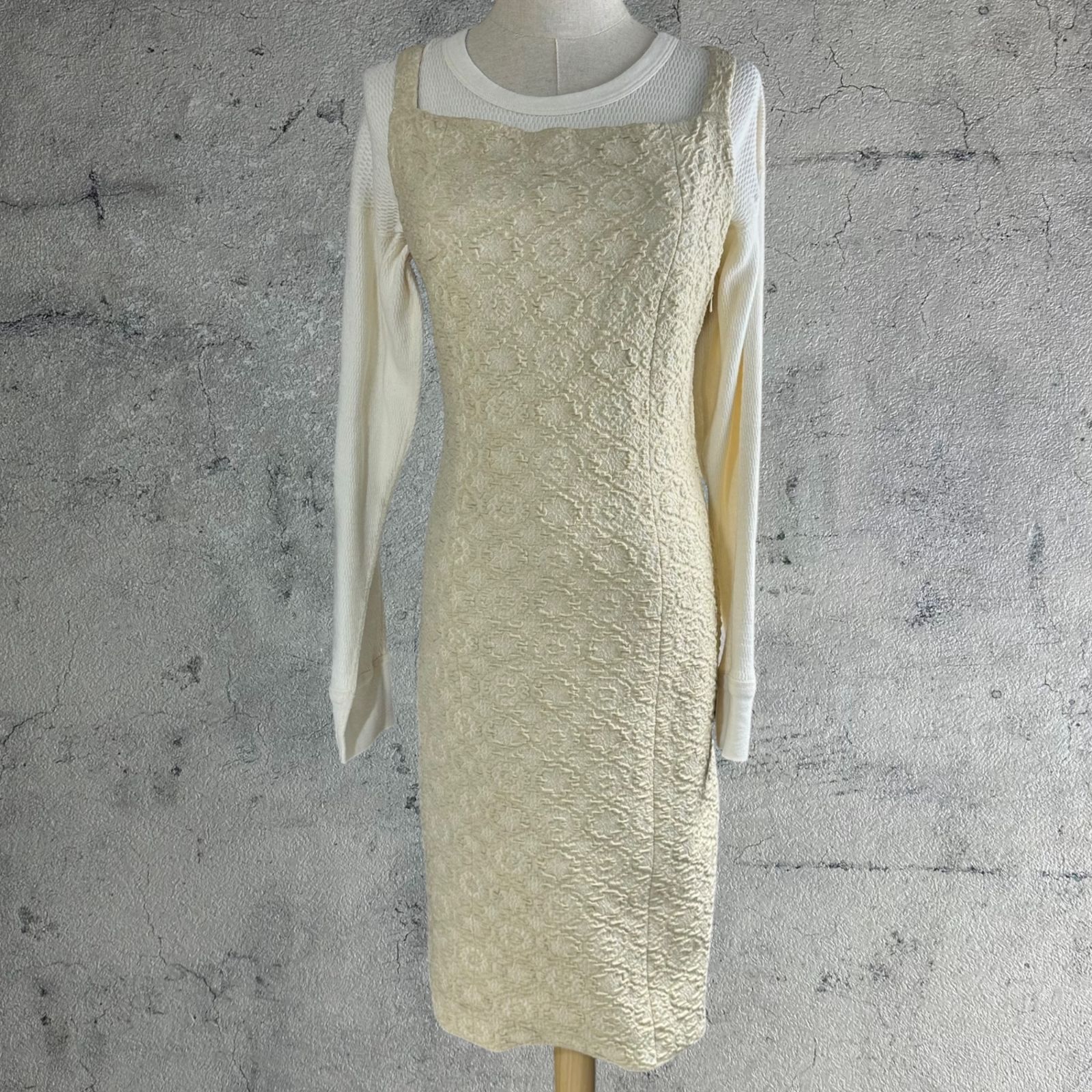 Euro Vintage ヨーロッパヴィンテージ Pivoine_70 s cotton jacquard suspender dress コットンジャガードサスペンダーワンピース 42 Mサイズ程度 ベージュ