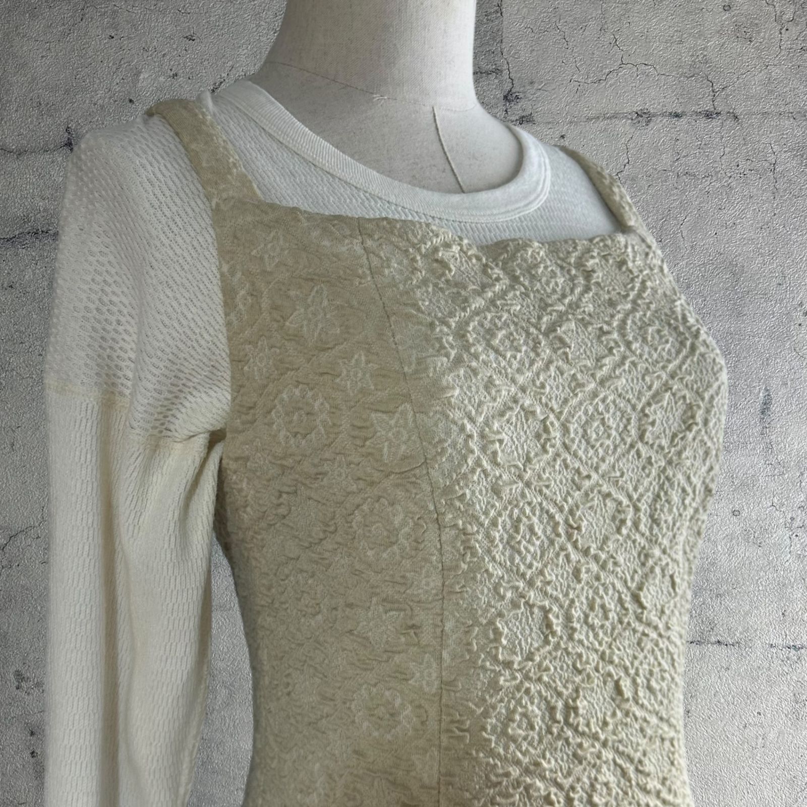 Euro Vintage ヨーロッパヴィンテージ Pivoine_70 s cotton jacquard suspender dress コットンジャガードサスペンダーワンピース 42 Mサイズ程度 ベージュ