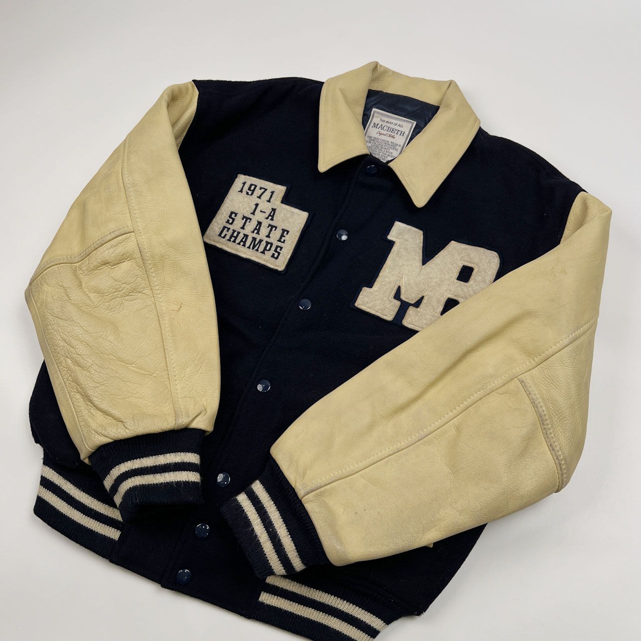 マクベス 袖レザー ワッペン刺繍 スタジャン 日本製 M 人気】MACBETH マクベス スタジャン 皮革レザー ワッペン 刺繍ロゴ