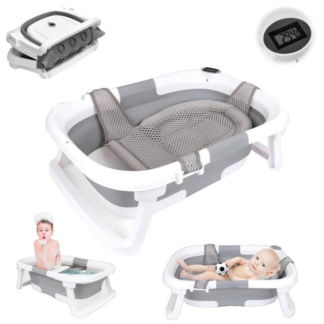 Little Bean ベビーバス 折りたたみ式 湯温計付き 赤ちゃん 子供用風呂 0〜6歳 バスネット付き 収納容易 省スペース 赤ちゃんに優しいPP素材 滑り止め設計 お風呂 ベビー用浴槽 グレー