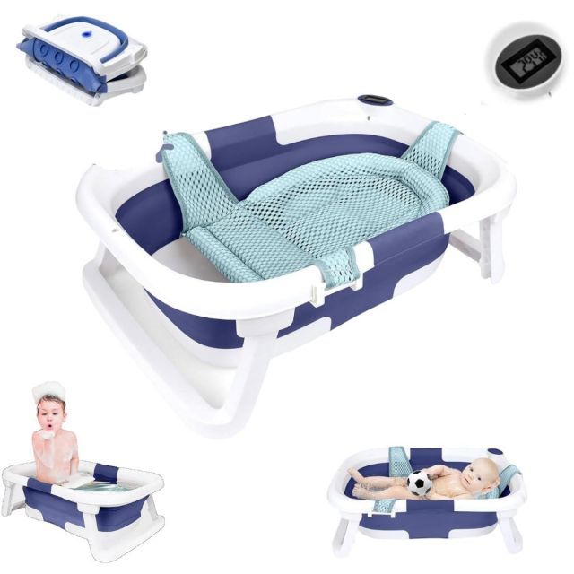 送料無料 Little Bean ベビーバス 折りたたみ式 湯温計付き 赤ちゃん 子供用風呂 0〜6歳 バスネット付き 収納容易 省スペース 赤ちゃんに優しいPP素材 滑り止め設計 お風呂 ベビー用浴槽 ブルー