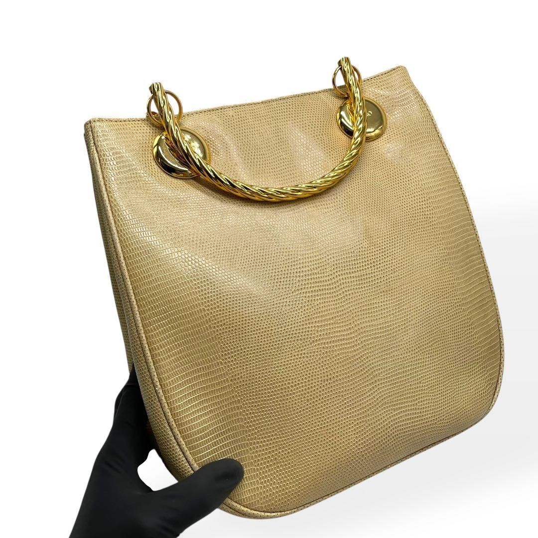 【箱付き】WAKO 銀座和光 ハンドバッグ ゴールドガンチーニ リザード型押し 箱付き】WAKO 銀座和光 ハンドバッグ ゴールドガンチーニ リザード型