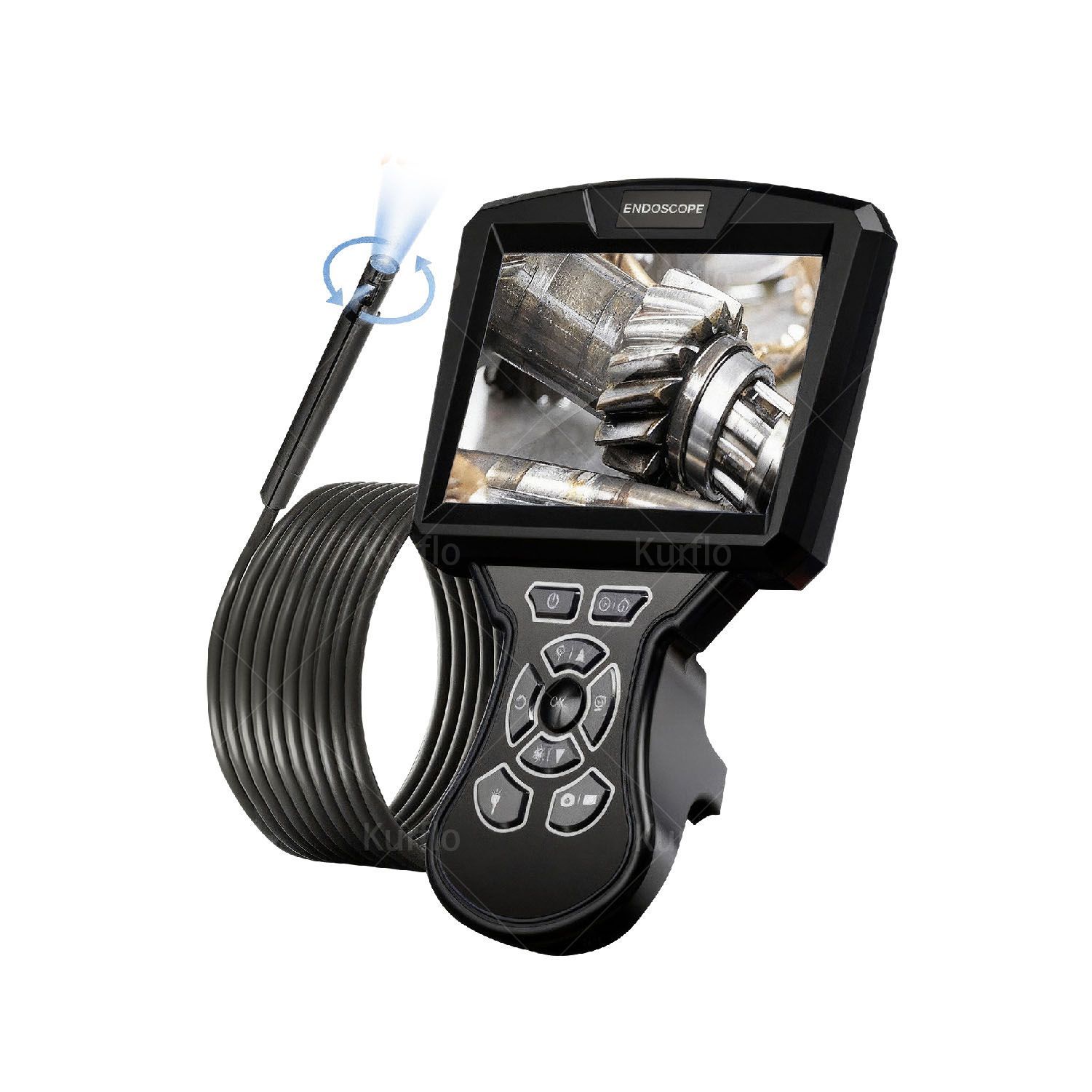 Kurflo ファイバースコープ 5インチIPS液晶モニター 360度電動回転 調整可能LED照明付き IP67防水防塵 多言語対応日本語 工業用内視鏡 配管検査カメラ 自動車整備 下水道点検用