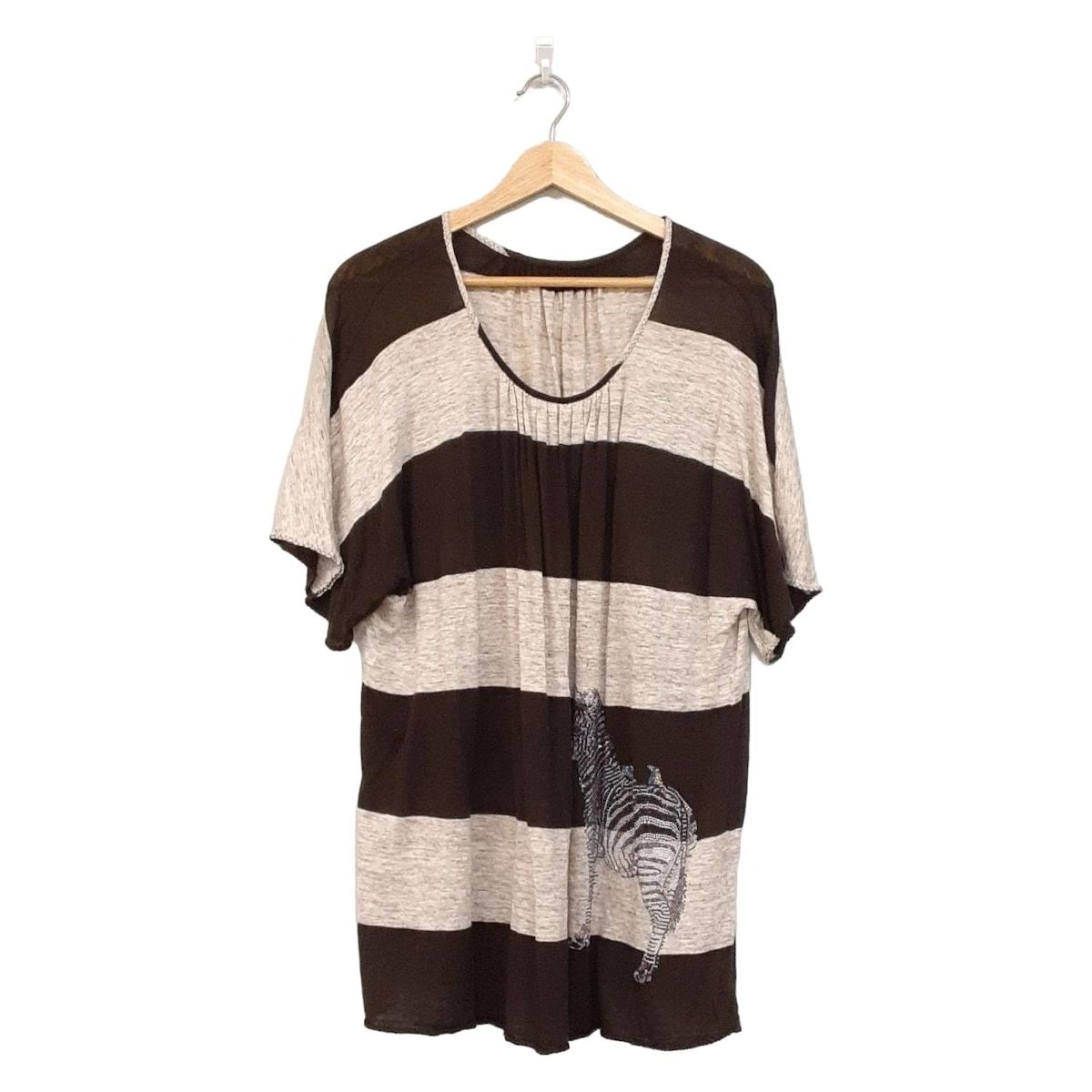 イタリヤ チュニック サイズ11 M レディース - ダークブラウン×ベージュ クルーネック|半袖|ボーダー|ラインストーン|シマウマ