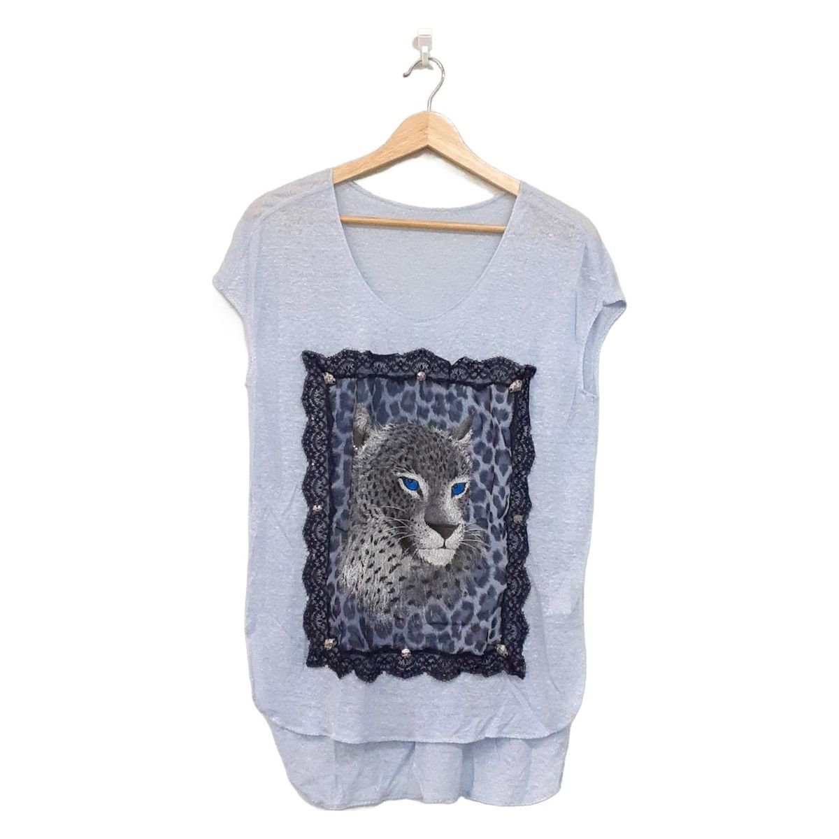 イタリヤ チュニック サイズ11 M レディース - ライトブルー×ダークネイビー×マルチ クルーネック|半袖|ビジュー|豹|レース