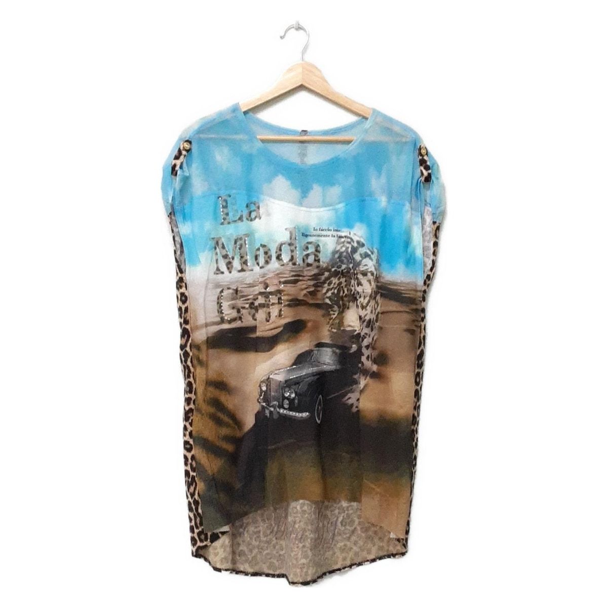 伊太利屋|GKITALIYA イタリヤ チュニック サイズ11 M レディース - ブルー×ブラウン×マルチ クルーネック|半袖|ラインストーン|豹