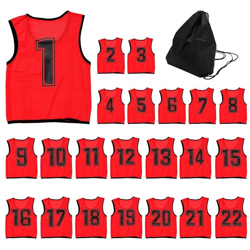 ロジック ビブス セット ゼッケン 収納バッグ付き 番号入り メッシュ サッカー バスケ フットサル 学校 行事 自治体 運動会 22枚セット 大人用 レッド