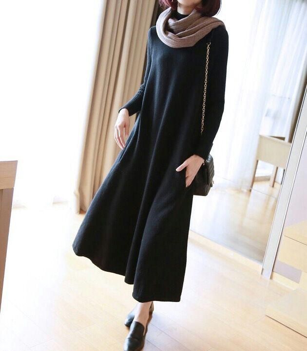 上質カシミヤウール混 大人気ロング丈ニットワンピース ビッグシルエット ブラック
