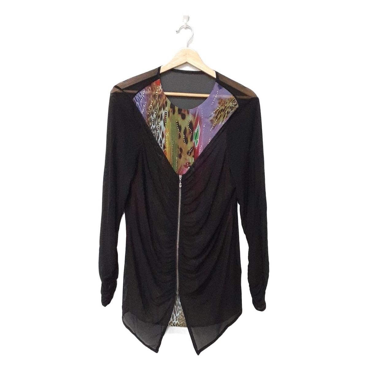 イタリヤ チュニック サイズ11 M レディース - 黒×グリーン×マルチ クルーネック 長袖 ラインストーン シースルー