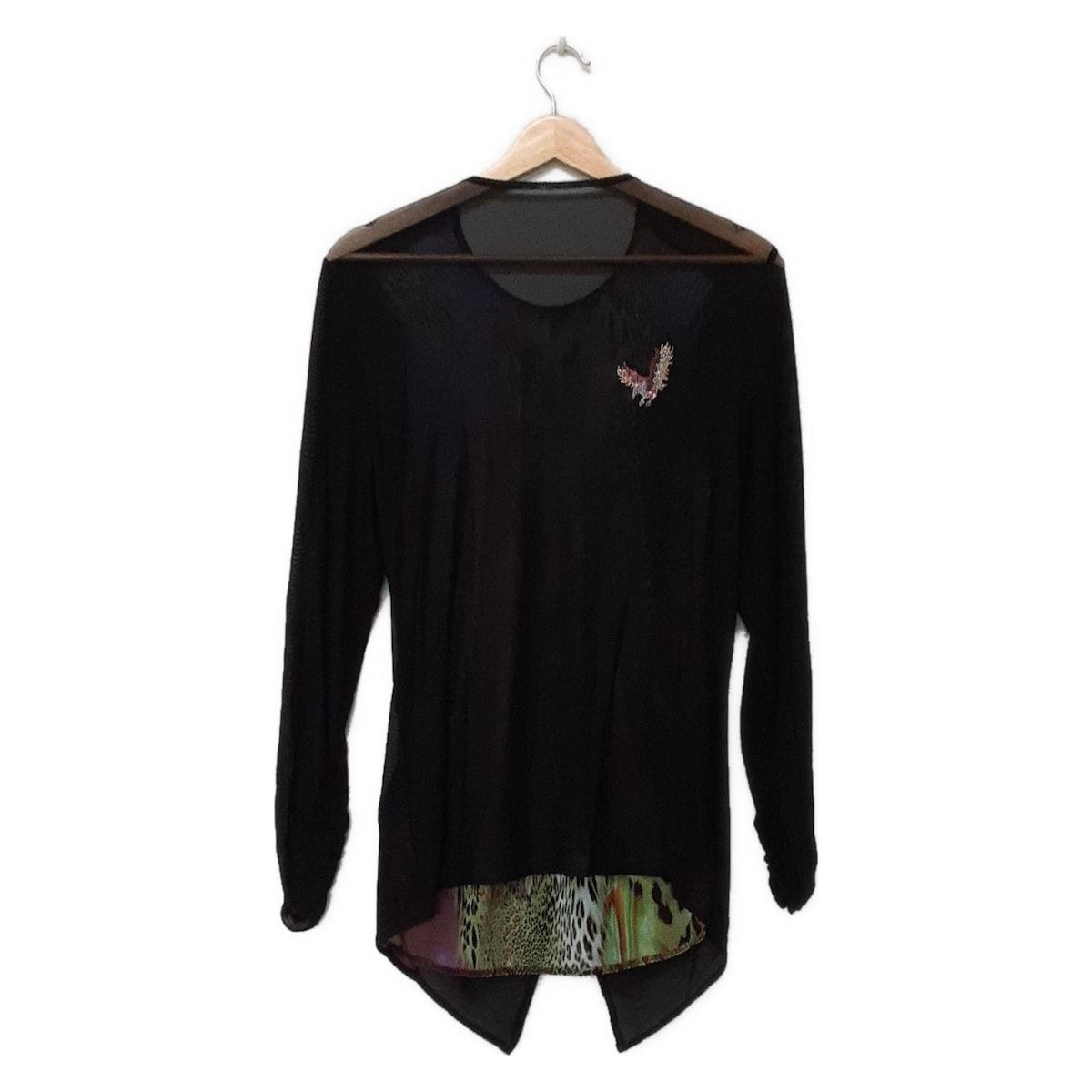 イタリヤ チュニック サイズ11 M レディース - 黒×グリーン×マルチ クルーネック 長袖 ラインストーン シースルー