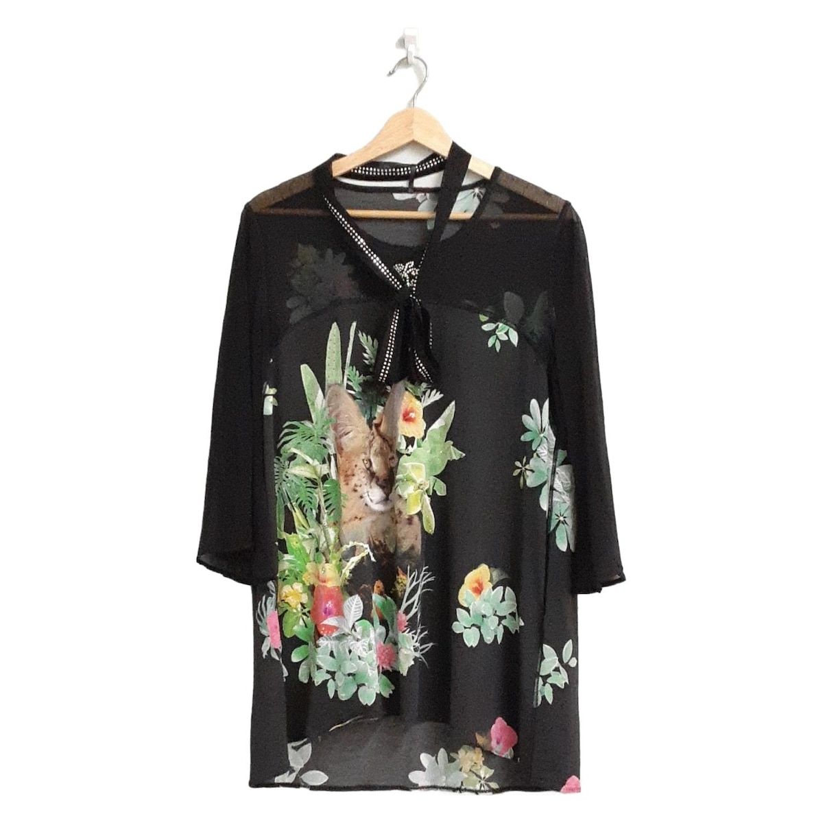 イタリヤ チュニック サイズ13 L レディース - 黒×グリーン×マルチ クルーネック 長袖 ラインストーン フラワー 花 豹 シースルー