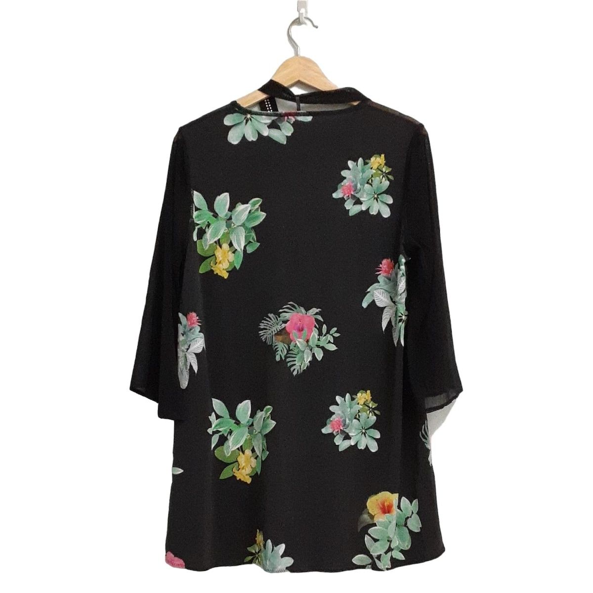 イタリヤ チュニック サイズ13 L レディース - 黒×グリーン×マルチ クルーネック 長袖 ラインストーン フラワー 花 豹 シースルー