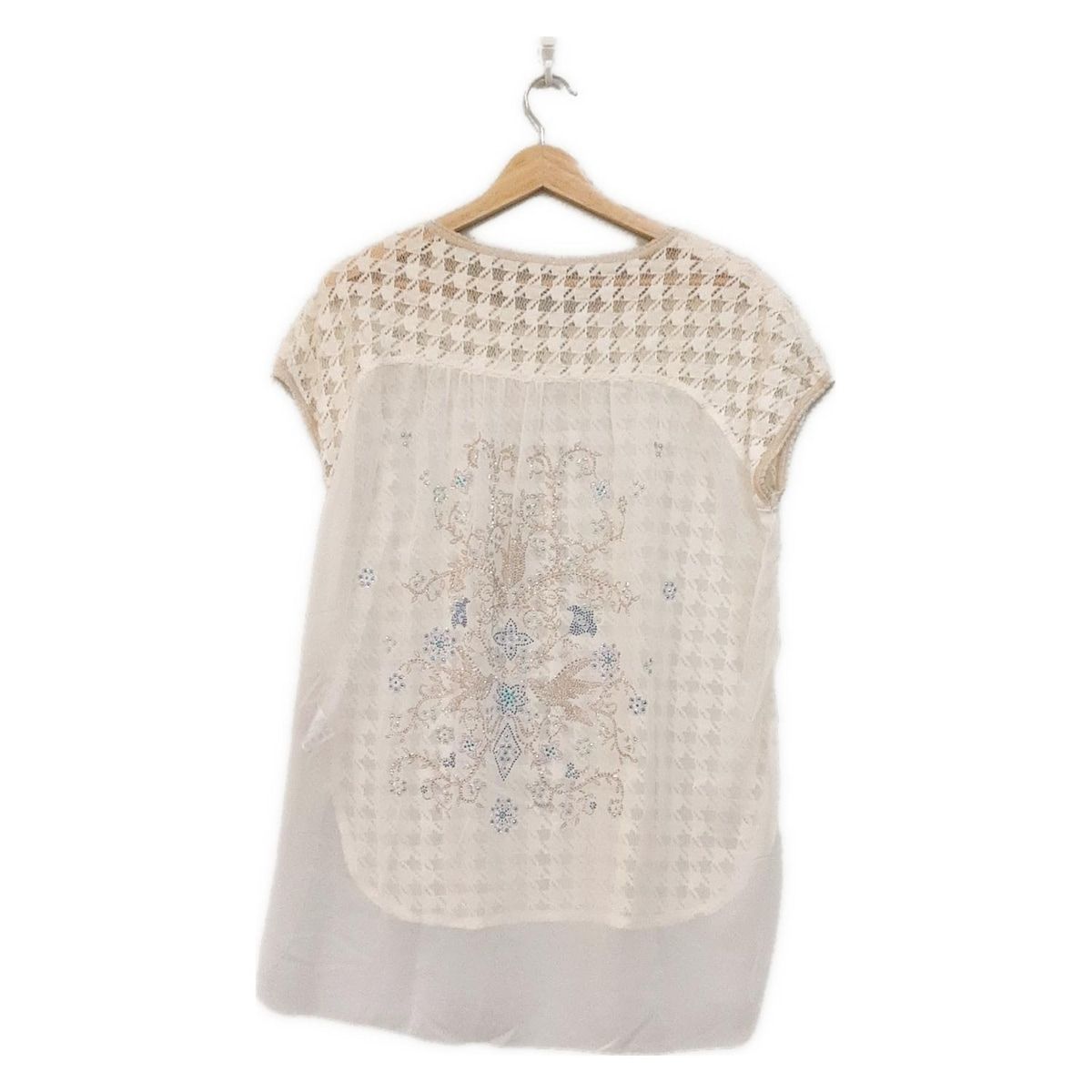 【使い勝手の良い】 イタリヤ チュニック サイズ9 M レディース - アイボリー×ベージュ クルーネック 半袖 千鳥格子柄 ラメ ラインストーン シースルー