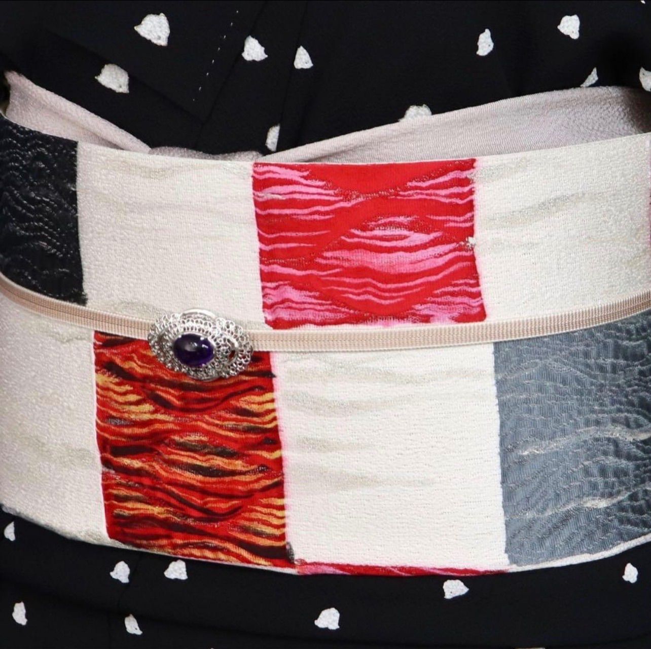 三日月とうさぎ a0904 正絹6通袋帯 カラフル モダン 市松模様