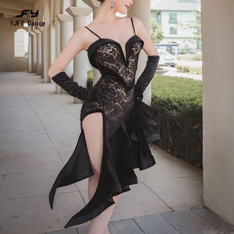 FY 定制 ラテンドレス ALW267 レーススリットドレス サテンレース素材 ステージ衣装 含ベルベットグローブ S〜XLサイズ カスタム可
